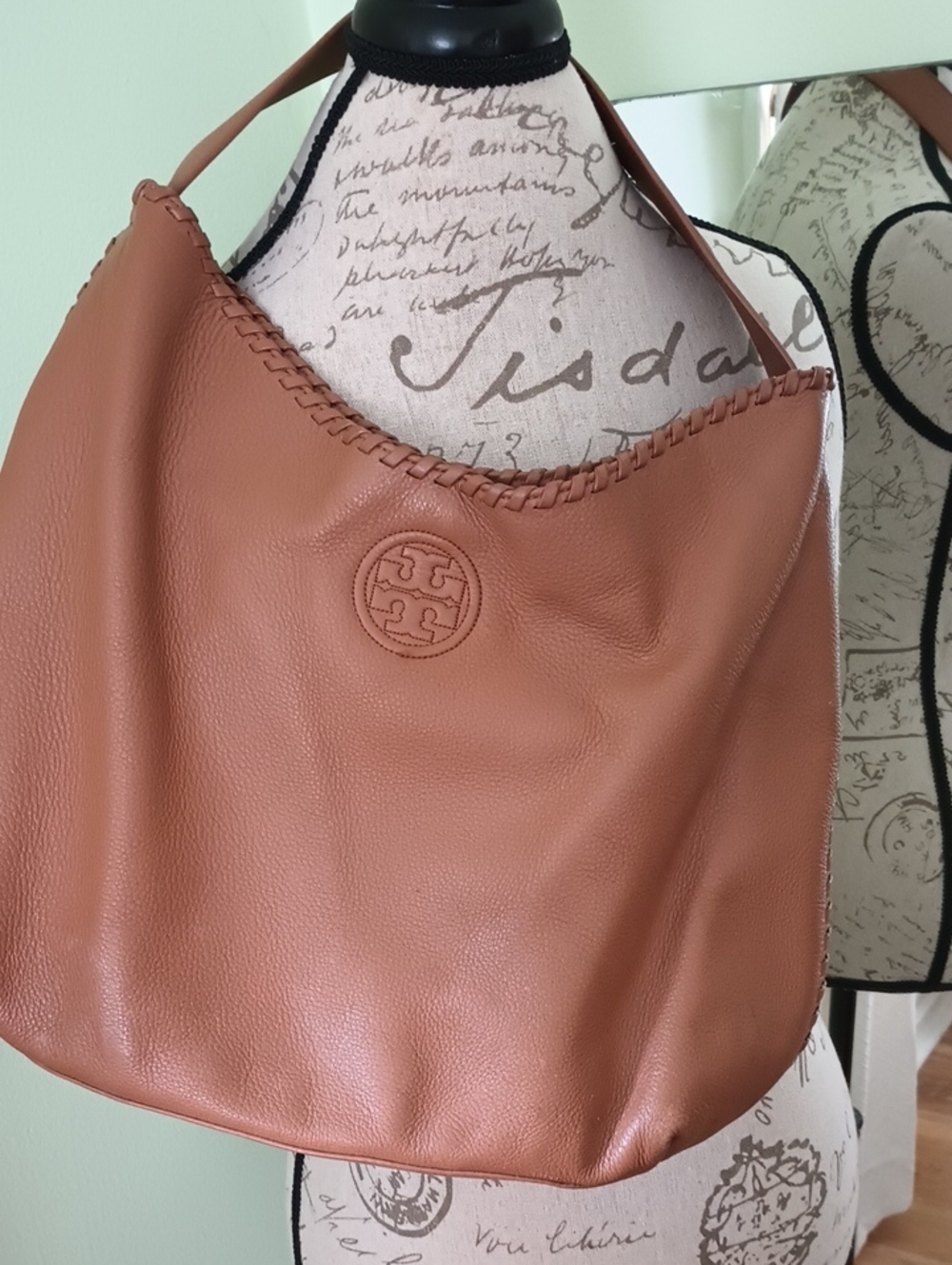 Tory Burch Marion Whipstitch Warm Cognac Leather Shoulder Logo Hobo